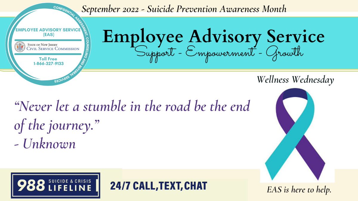 NJCivilService's tweet photo. Happy Wellness Wednesday!

The NJ State Employee Advisory Service offers:

- Support programs for State employees &amp; their families
- Confidential counseling &amp; referral services
- 24/7 Emergency Mental Health Services

Email EAS_help@csc.gov.

#CSCWorksForYou #WellnessWednesday https://t.co/enEYCHV0OL