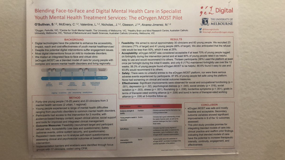 ShaunaghOSulliv's tweet photo. For anyone still at #ISRII11 interested in blended digital interventions in youth mental health, feel free to drop by and check out our eOrygen.MOST pilot study poster between 10.30-12pm @orygen_aus @UniMelbMDHS https://t.co/aAsPAOUzgz