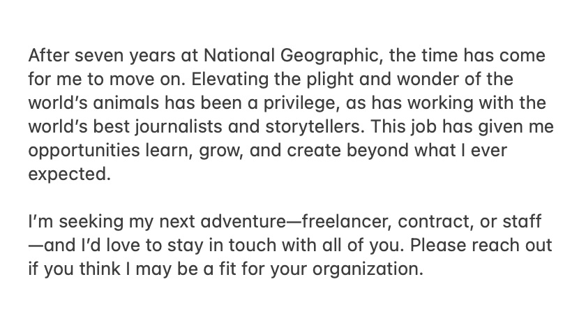 Rachael_Bale's tweet photo. On my seventh anniversary at @natgeo, I'd like to share some news. https://t.co/r9CkfYjDrZ