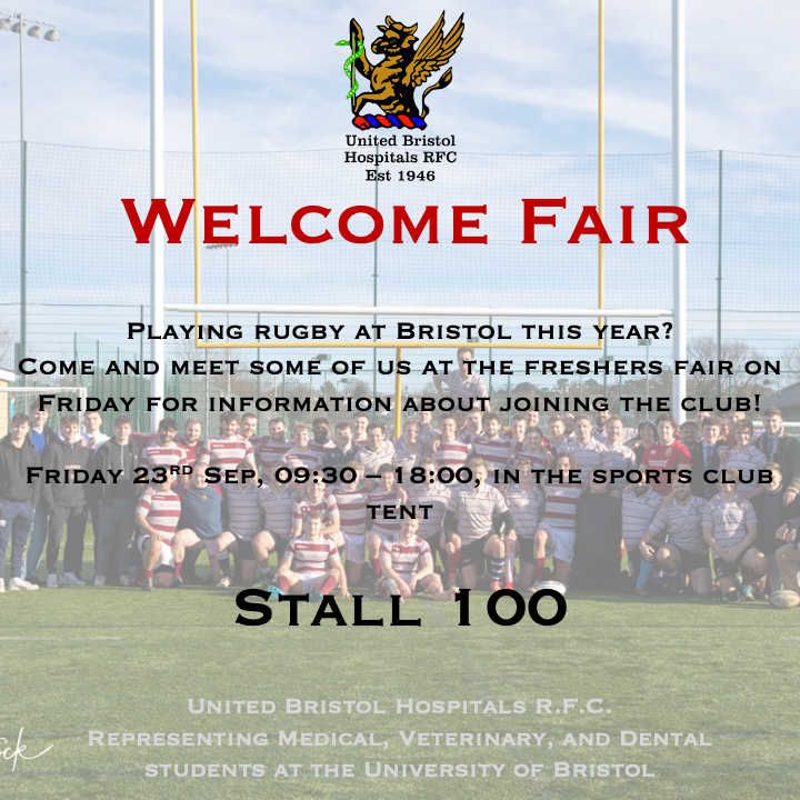 UBHRFC's tweet photo. Welcome Fair!
Friday 23rd, 9:30am to 6pm on the Downs, stall 100.
We’ll have a stall at this Friday’s @BristolUni fresher’s fair to answer any of your questions about the club and what it means to be part of the UBHRFC! https://t.co/GxZMAXdENY