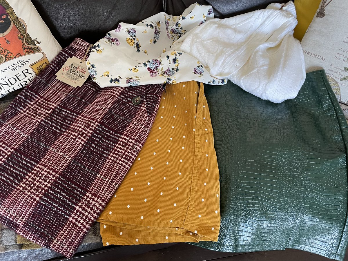 My lunch time haul from the local charity shop. 3 autumn skirts, 1 blouse and 1 knit cardigan all for the grand total of….?  #SecondhandSeptember #ThriftyFinds #SustainableFashion