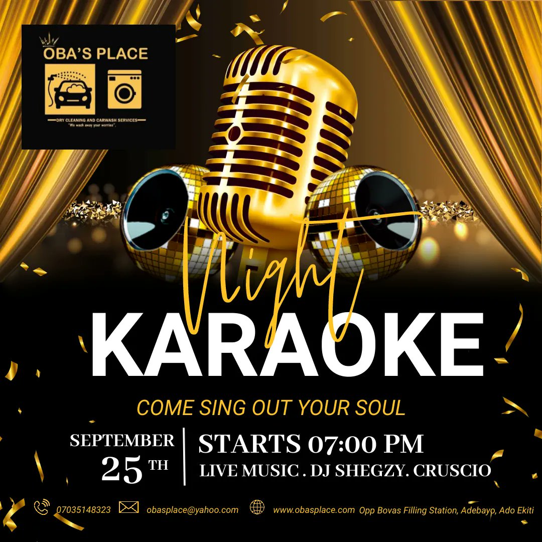 ObasPlace's tweet photo. Our favourite event of the month is coming up, you gerrit? It's that time of the month to have fun and sing out your soul. Let's get the party started.
#Karaokenight #karaoke #singoutyoursoul #obasplace #ekitivendor #ekiticopa https://t.co/BId0Sq3zzJ