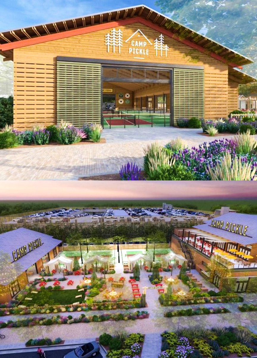 FOS's tweet photo. Coming in 2024: Camp Pickle 🏢

➖ 55,000+ sq. ft.
➖ Indoor, outdoor courts
➖ Scratch kitchens
➖ Duckpin bowling, darts
➖ 1940s rustic "summer camp vibe"

The first locations are planned for Huntsville, AL and Denver, CO. https://t.co/cUpXBD0iWr