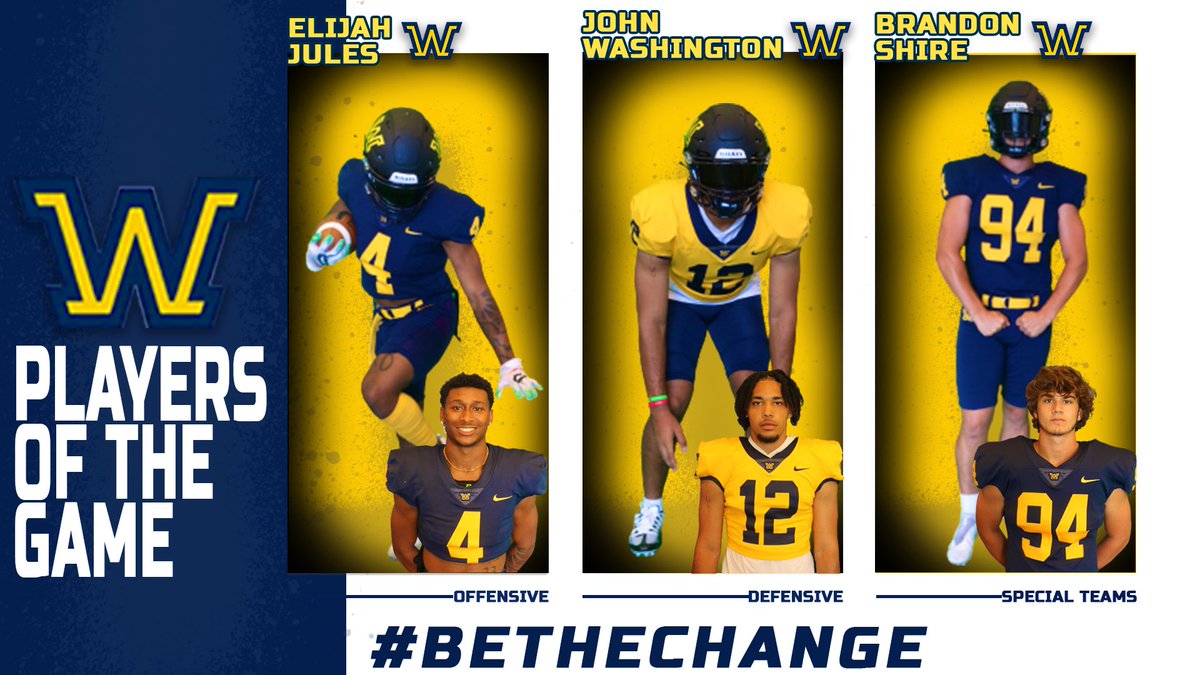 WilkesFootball's tweet photo. Here is a Look at our TEAM Players of the Game and the Show Team Players of the Week.

Players of the Game:
Elijah Jules (OFF)
John Washington (DEF)
Brandon Shire (SPECS)

Show Team Players of the Week:
Lucas Scott (OFF)
Braden Merrill (DEF)

#BeTheChange https://t.co/OeVAF7cIz5