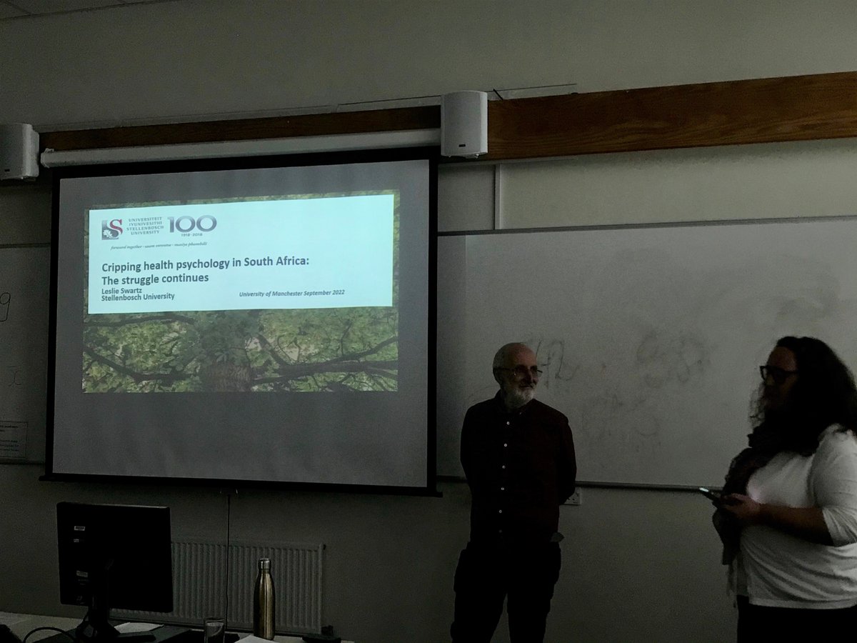 ManHealthPsych's tweet photo. 1/2 We were delighted to welcome @leslieswartz today who gave a fascinating &amp; thought provoking talk on the history of psychology in South Africa - some successes in recent years but still work to be done in areas such as disability rights and the politics of care 🇿🇦 https://t.co/jpPAfyley0