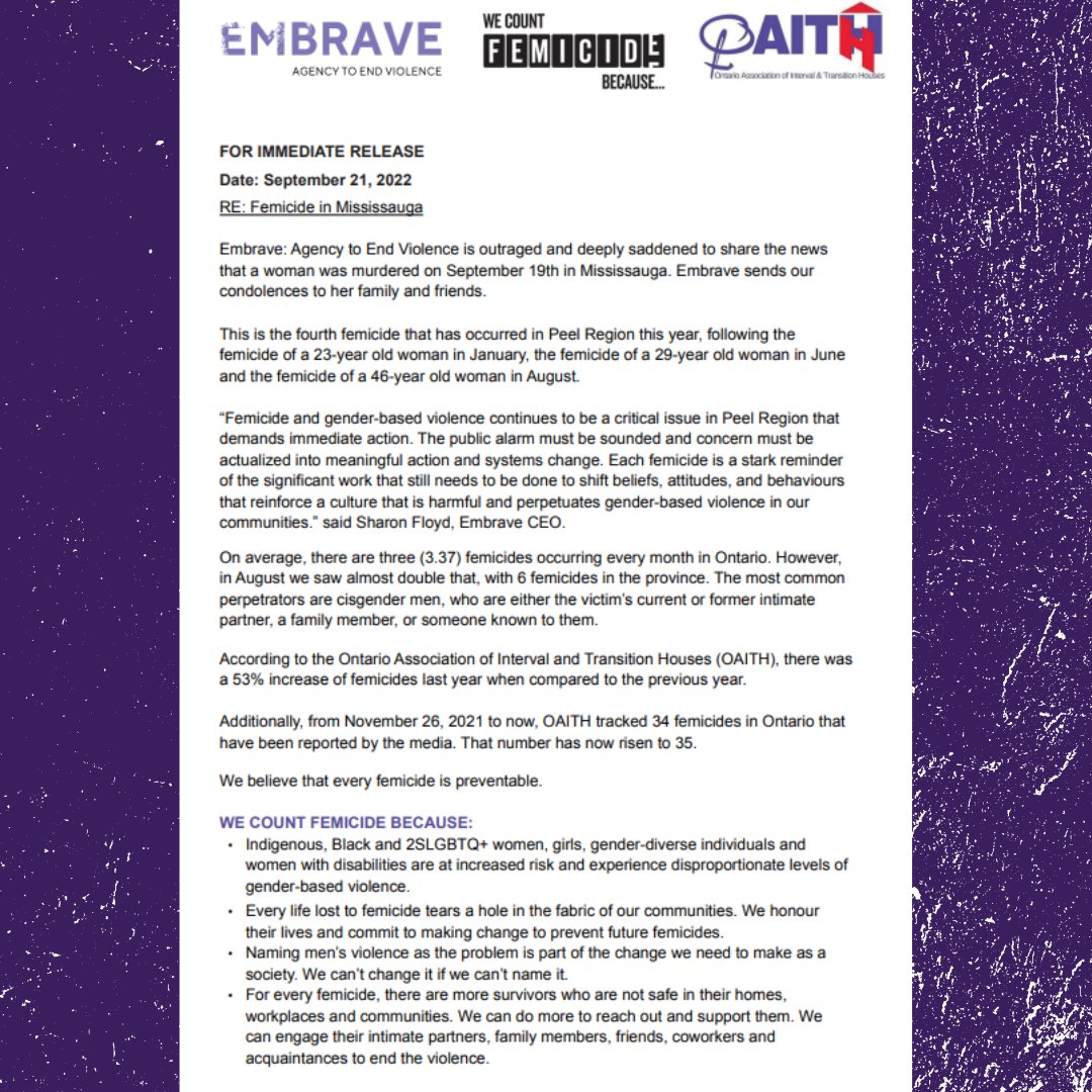 Embrave_ca's tweet photo. Embrave is deeply saddened to share that a femicide in our community occurred on September 19th. 

Please take a moment to review our press release to learn more about the growing issue of femicide in our province and community. https://t.co/aZf00syqwo