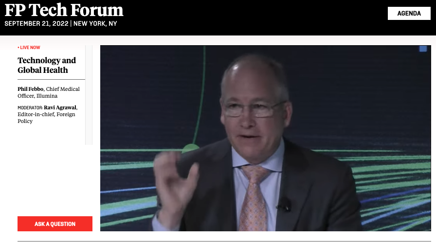 ForeignPolicyPR's tweet photo. @PhilFebboMD_CMO of @illumina: Within a month of this respiratory disease in Wuhan being identified as a potential challenge, samples were being sequenced on our sequencers and a full sequence of the #COVID19 virus was published.
Watch live: https://t.co/l5PaOxRnMR
#FPTechForum https://t.co/NXZB9ngVib