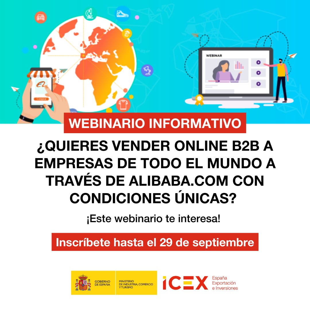 ICEX_'s tweet photo. 📣 ICEX te invita a participar en el Programa de Venta Online Internacional de https://t.co/3yoXzu7sqQ

👉 Webinario para descubrir cómo acceder marketplace B2B con condiciones especiales de promoción y apoyo

📝 Inscríbete 29/09 ➡️ Plazas limitadas

🔗 https://t.co/BPBGZflv6X https://t.co/jzmZtc5P0R