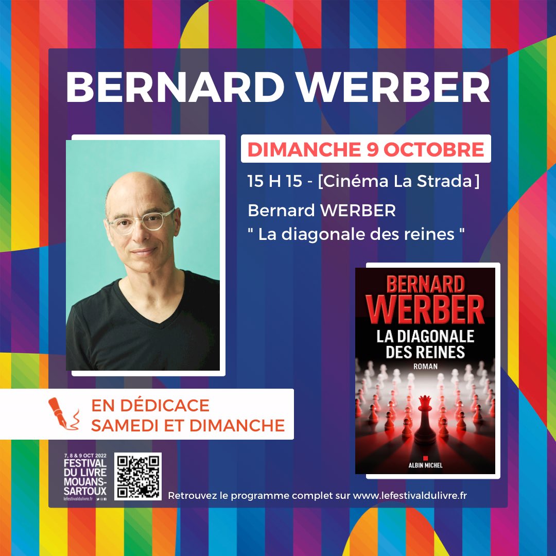 FDL Mouans-Sartoux (@festivaldulivre) on Twitter photo Bernard Werber sera présent au Festival Du Livre de Mouans-Sartoux pour présenter son dernier livre La diagonale des reines ! 🤩 Dimanche 9 octobre à 15h15 au cinéma La Strada ! Il sera également présent le samedi et le dimanche en dédicace ✍️ <a href="/werbernard/">Bernard Werber</a> @editionsalbinmichel Bernard Werber sera présent au Festival Du Livre de Mouans-Sartoux pour présenter son dernier livre La diagonale des reines ! 🤩 Dimanche 9 octobre à 15h15 au cinéma La Strada ! Il sera également présent le samedi et le dimanche en dédicace ✍️ <a href="/werbernard/">Bernard Werber</a> @editionsalbinmichel