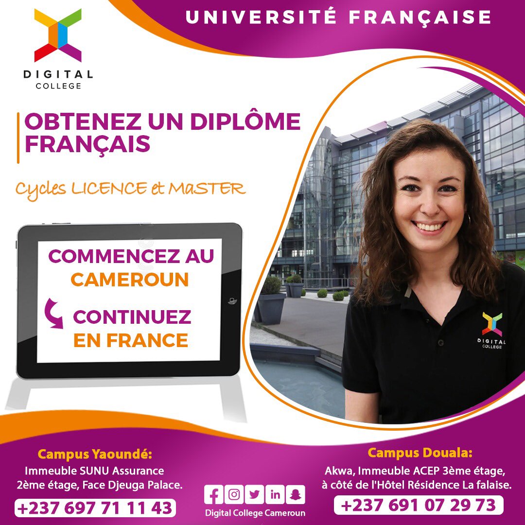 📚💻[ETUDIER EN FRANCE]🇫🇷

Vous souhaitez commencer les études dans une université française et les poursuivre en France ❓

Digital College Cameroun vous offre la possibilité d’obtenir un diplôme français 🇫🇷, mais aussi vous permet de faire des transferts directs à l’étranger.🛫