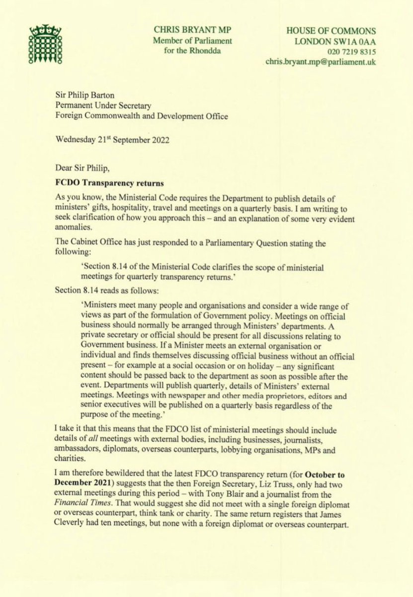 RhonddaBryant's tweet photo. I have written to the Permanent Under secretary at the FCDO to say I don’t believe their transparency returns. https://t.co/sMzUxt8kMc