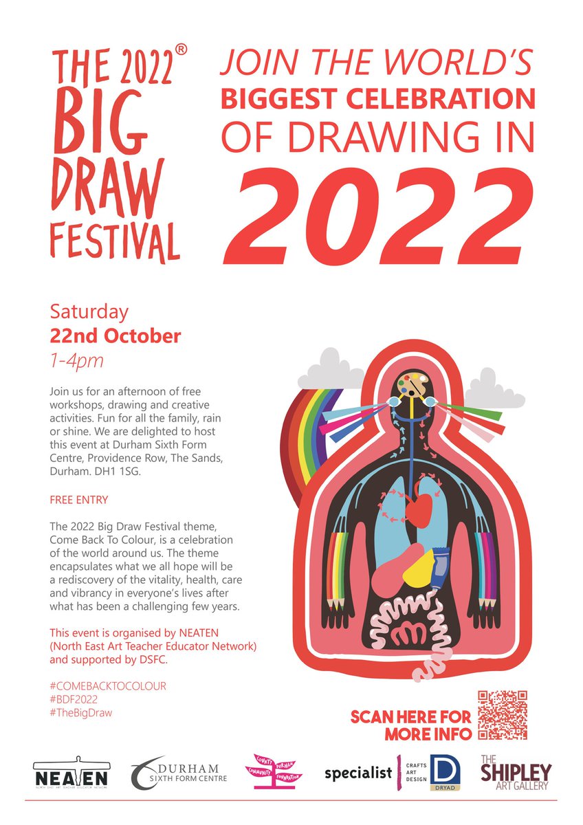 DSFC Art Department (@dsfcart) on Twitter photo THE BIG DRAW
Saturday 22nd October 1-4pm
<a href="/DSFCOfficial/">Durham Sixth Form Centre</a>
Join us for an afternoon of free workshops, drawing and creative activities. Fun for all the family, rain or shine
<a href="/The_Big_Draw/">The Big Draw® ✏️</a>
#Comebacktocolour
#BDF2022
#TheBigDraw THE BIG DRAW
Saturday 22nd October 1-4pm
<a href="/DSFCOfficial/">Durham Sixth Form Centre</a>
Join us for an afternoon of free workshops, drawing and creative activities. Fun for all the family, rain or shine
<a href="/The_Big_Draw/">The Big Draw® ✏️</a>
#Comebacktocolour
#BDF2022
#TheBigDraw