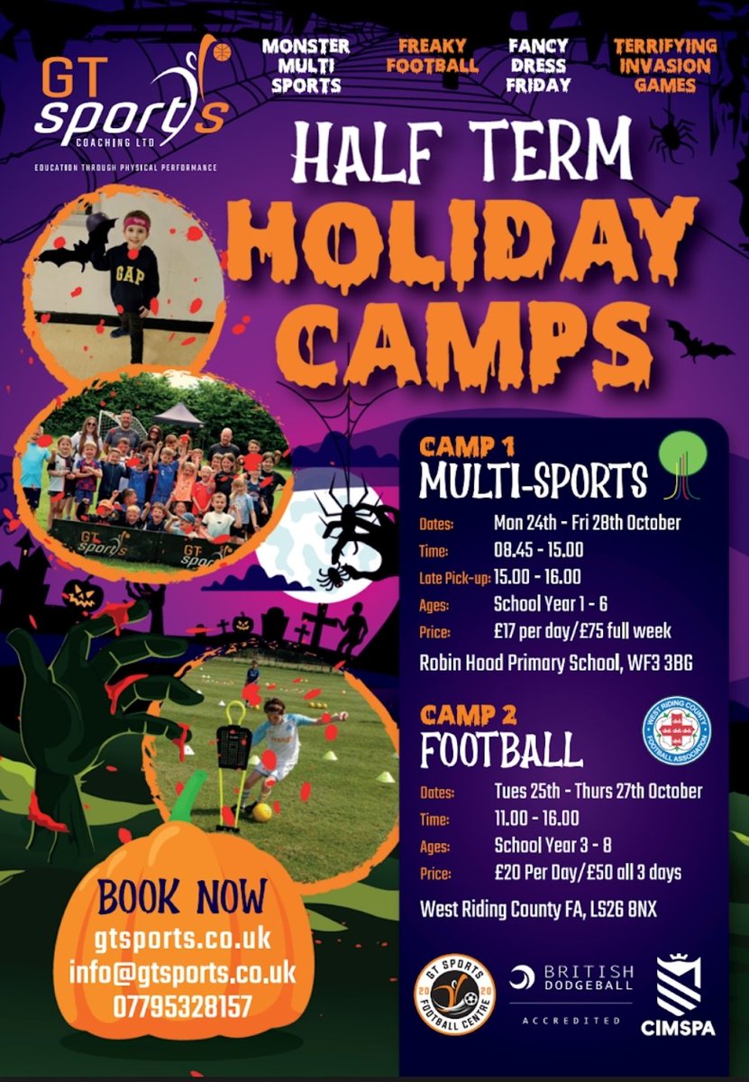 Booking now open for half term

gtsports.co.uk
#LEEDS #ACTIVE #CASTLEFORD #WAKEFIELD #SCHOOLHOLIDAYS