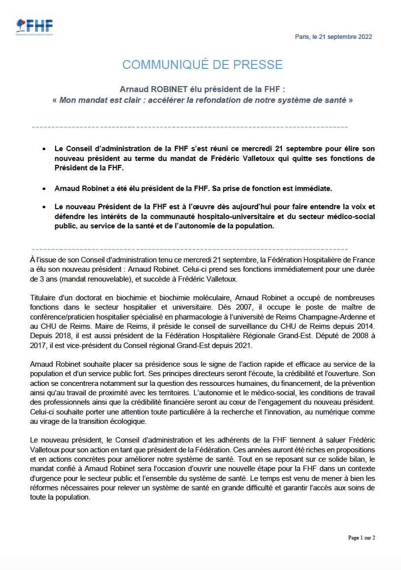 laFHF's tweet photo. [Communiqué de presse] Le conseil d'administration de la FHF a élu aujourd'hui @ArnaudRobinet à la présidence de la fédération. Il succède à @fredvalletoux après 11 années riches en propositions et en actions concrètes pour améliorer notre système de santé. https://t.co/vp4BVIDCzb