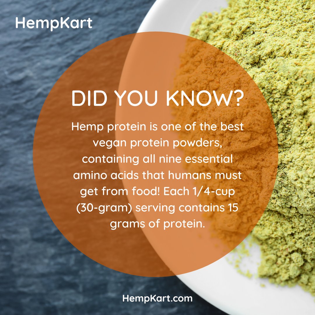 HempKart's tweet photo. Hemp protein is one of the best vegan protein powders, containing all nine essential amino acids that humans must get from food! Each 1/4-cup (30-gram) serving contains 15 grams of protein.
#hempkart #hemp #hempforhealth #hempcommunity https://t.co/AoEtfrlBGf