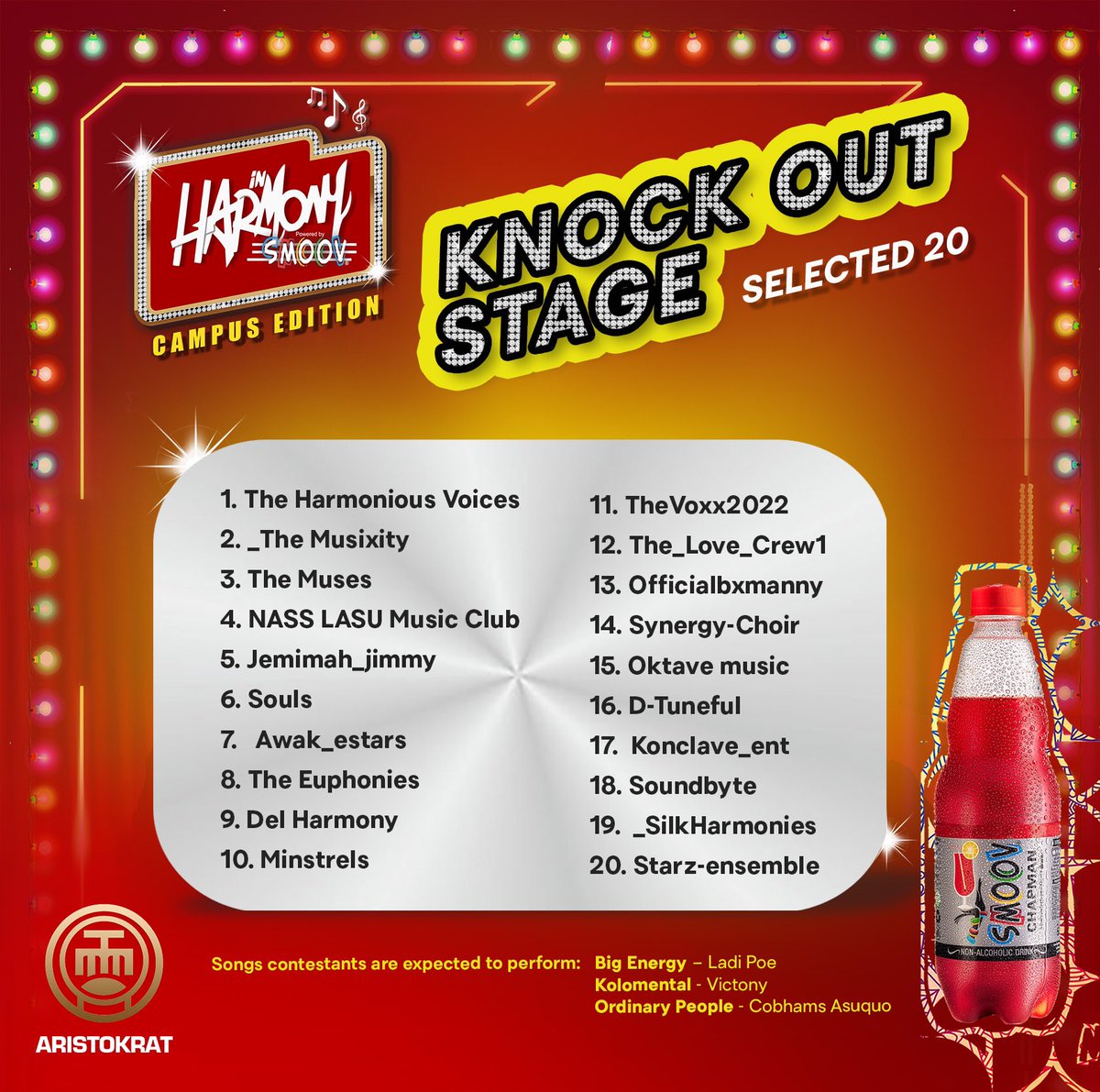 SmoovChapman_NG's tweet photo. 🗣Congratulations to our top 20!!

You have made it to the next round and a step closer to winning the grand prize of 2.5 million Naira.

Looking forward to your entries!!!

#SmoovIHC
#inharmonychallenge
#SmoovChapman 
#ThinkChapmanDrinkSmoov https://t.co/VnDp0SLron