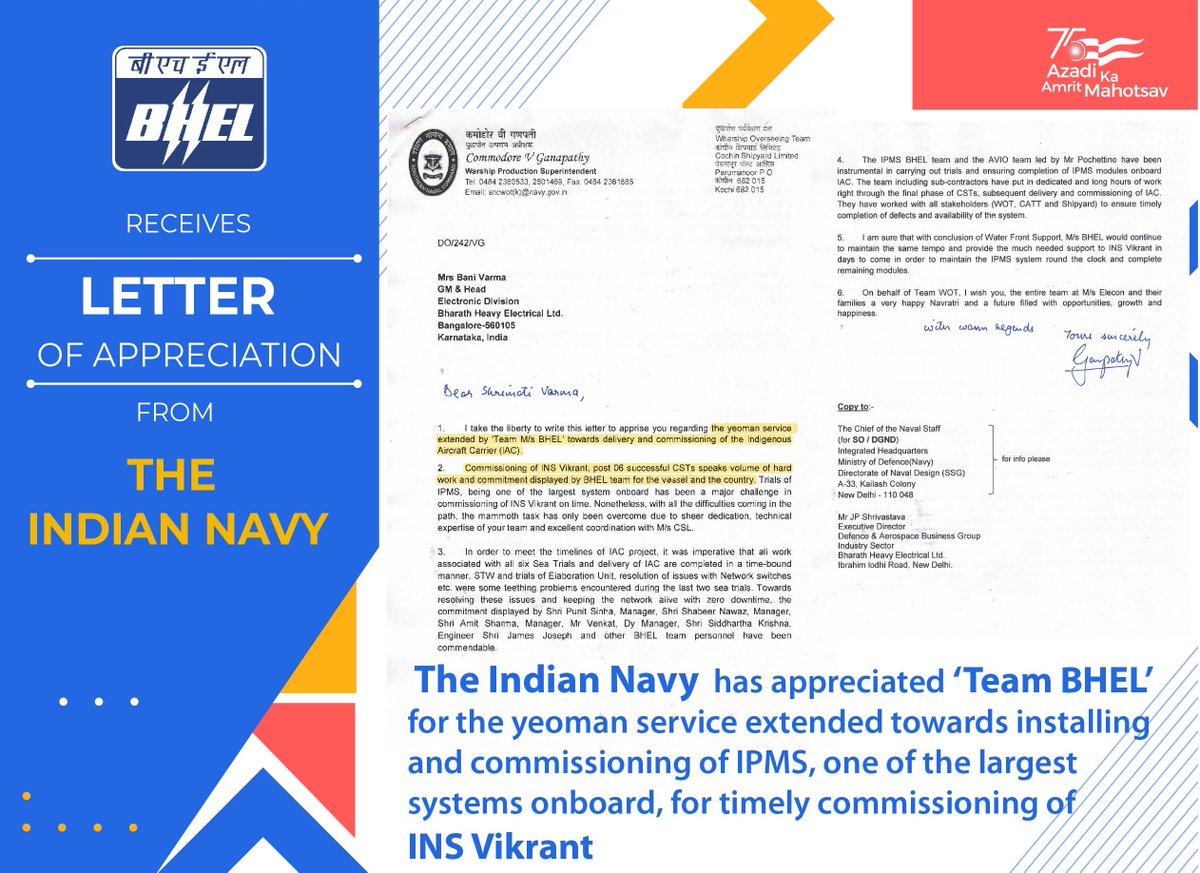 #BHEL is proud to be associated with the first Made in India aircraft carrier INS Vikrant - the largest and most complex Indian warship designed and built by the Indian Navy and Cochin Shipyard Ltd.

 #ouremployeesourpride #AatmaNirbharBharat #BHELIndia 

@MHI_GoI @DrMNPandeyMP