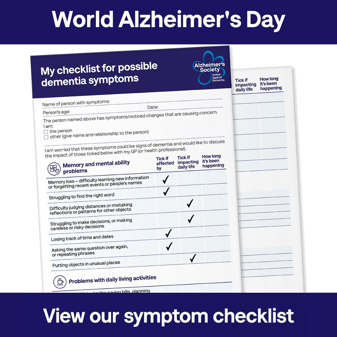 Today, on World Alzheimer's Day, we want everyone to #KnowDementia and #KnowAlzheimers so they can get the right diagnosis and support.

If you are worried about possible dementia symptoms, please download our symptoms checklist.

bit.ly/3LKXlqF 
 
#WorldAlzDay