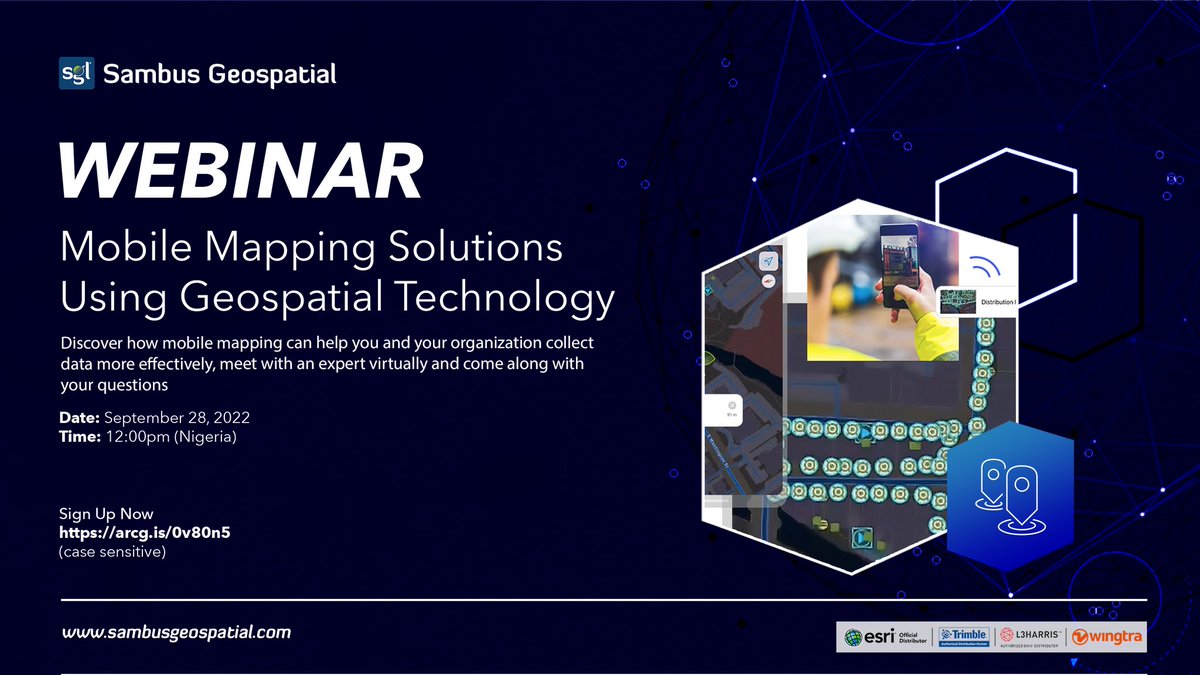 Register today! 
Theme: Mobile Mapping Solutions Using Geospatial Technology
Time: 12PM (GMT+1) 
Click here:  arcg.is/0v80n5
 
#Sambusnigeria 
#Webinar #mapping #datacollector #TECHNOLOGY #GIS #surveyor #surveylife #surveying #surveyequipment #trimblegeospatial #GISChat