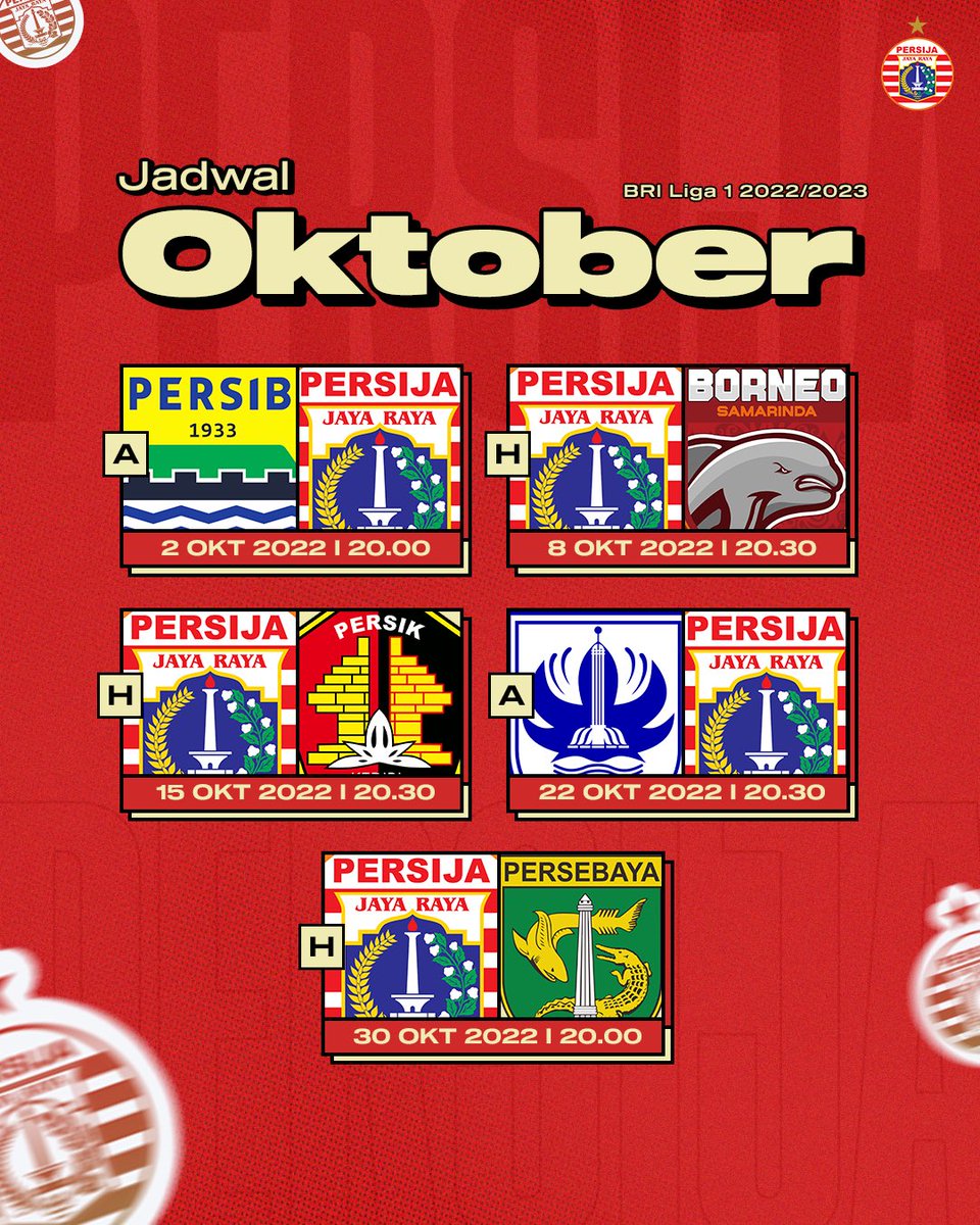 MATCH SCHEDULE | 5️⃣ pertandingan menanti Macan Kemayoran di bulan Oktober 🗓️ #BRILiga1 #ToTheNextLevel #BelieveIn12 #PersijaJakarta
