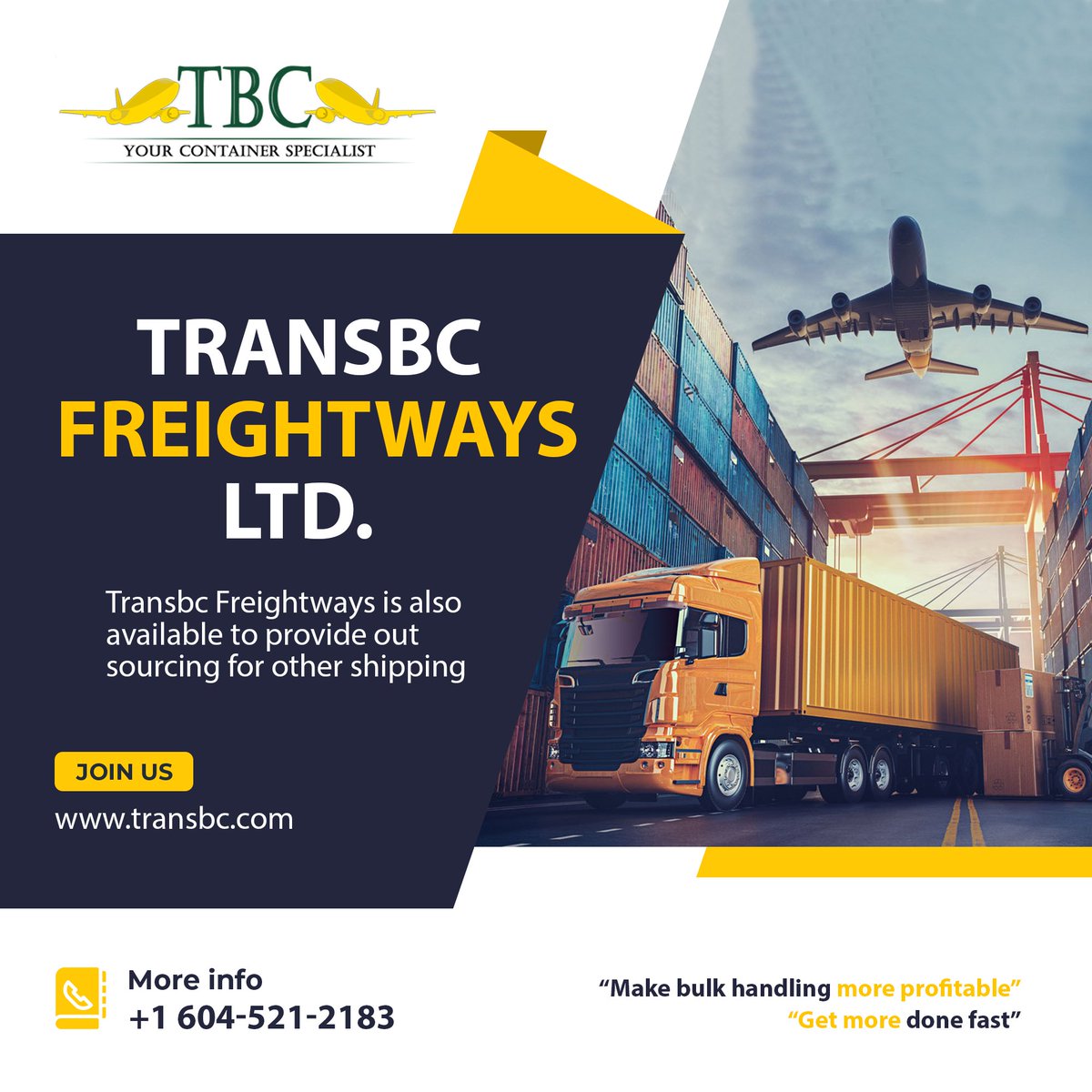 transbc2's tweet photo. Trans BC Freightways is also available to provide out-sourcing for other shipping lines. Shippers are frequently left with truck shortages when faced with time sensitive shipping.
#tbc #transbc #transbcfreightways #trucking #trucks #bc #britishcolumbia #canada #vancouver #driving https://t.co/r7KP6IyQv1