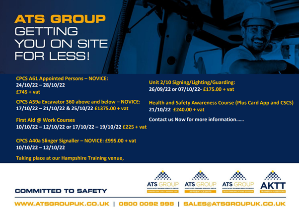 See our latest courses with only a few spaces remaining for September &amp; October!!!! Be the best, train with ATS...
Contact us now - 0800 0092 998 option 1 for more information or email sales@atsgroupuk.co.uk
#CSCS #CPCS #NOCN #SMARTAWARDS #CABWI #ATSGroup #Bethebest #TrainwithATS