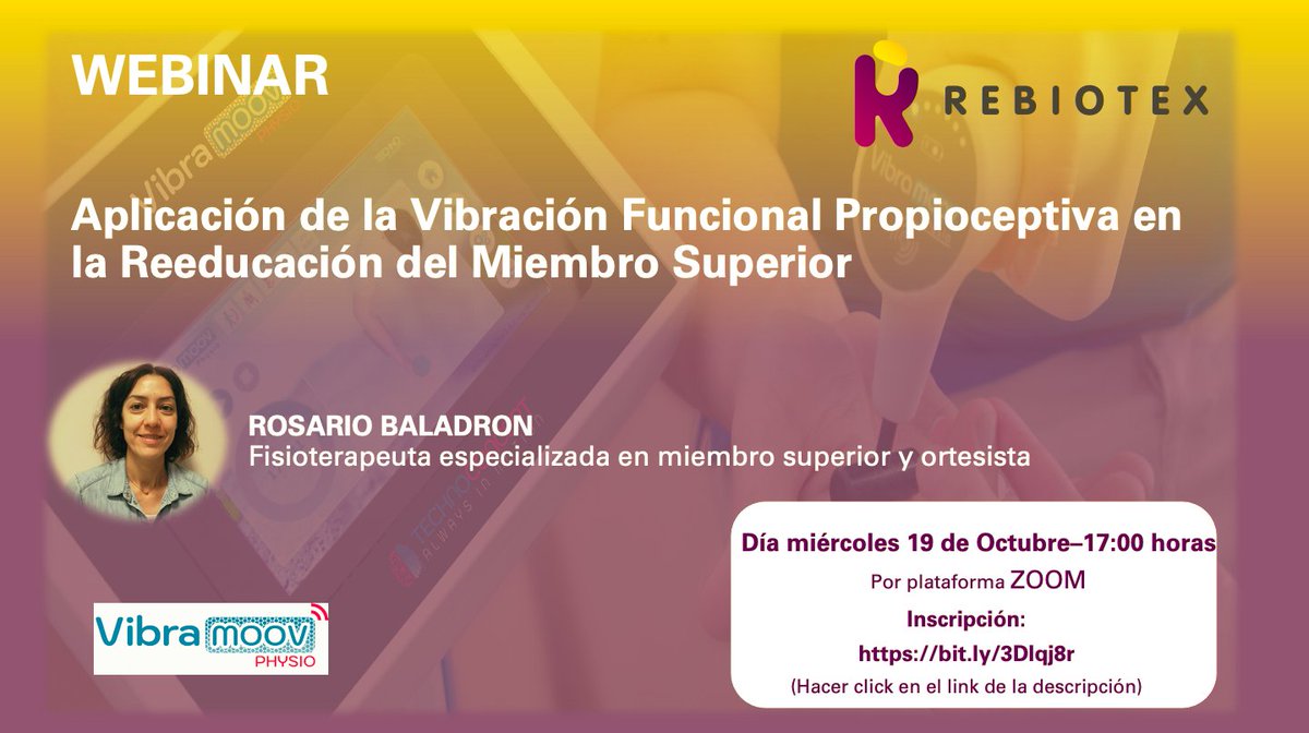 rebiotex's tweet photo. La semana que viene ya llega nuestro webinar con Rosario Baladron sobre estímulos vibratorios en rehabilitación de miembro superior. ¡Todavía estáis a tiempo para apuntaros! 
https://t.co/sOls66RqVZ https://t.co/fAeiuqV8ht