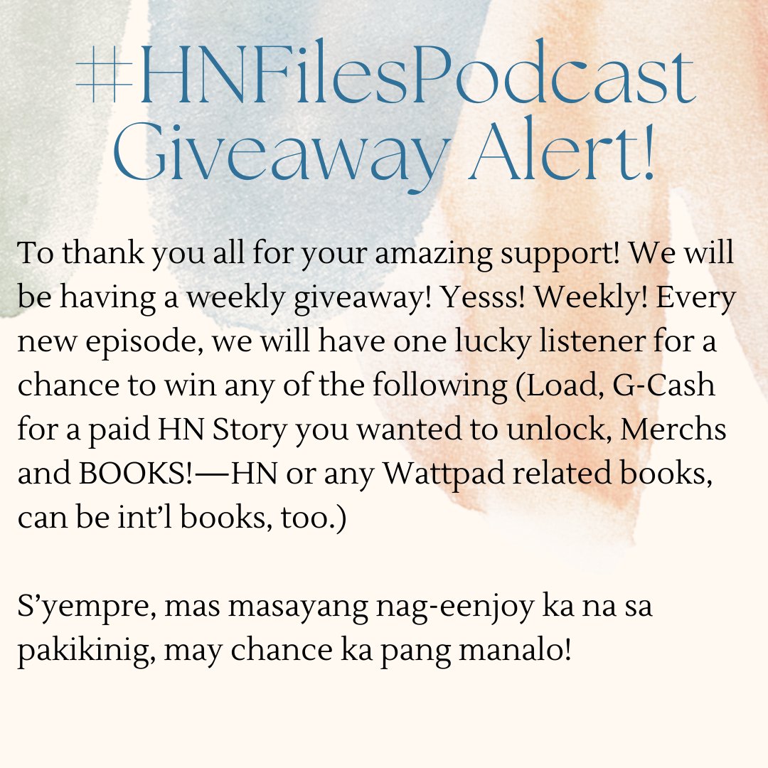 heartlessN_wp's tweet photo. Surprise! Here’s some good news! HN Files: Behind the Notes podcast just ranked #59 for the Top Podcasts in PH in our first week! Just…WOW!!

To thank you all for your amazing support! We will be having a weekly giveaway! Yes! Weekly! 
#HNFilesPodcast #SpotifyxWattpad
PLS READ: https://t.co/6HxKi2pjLj