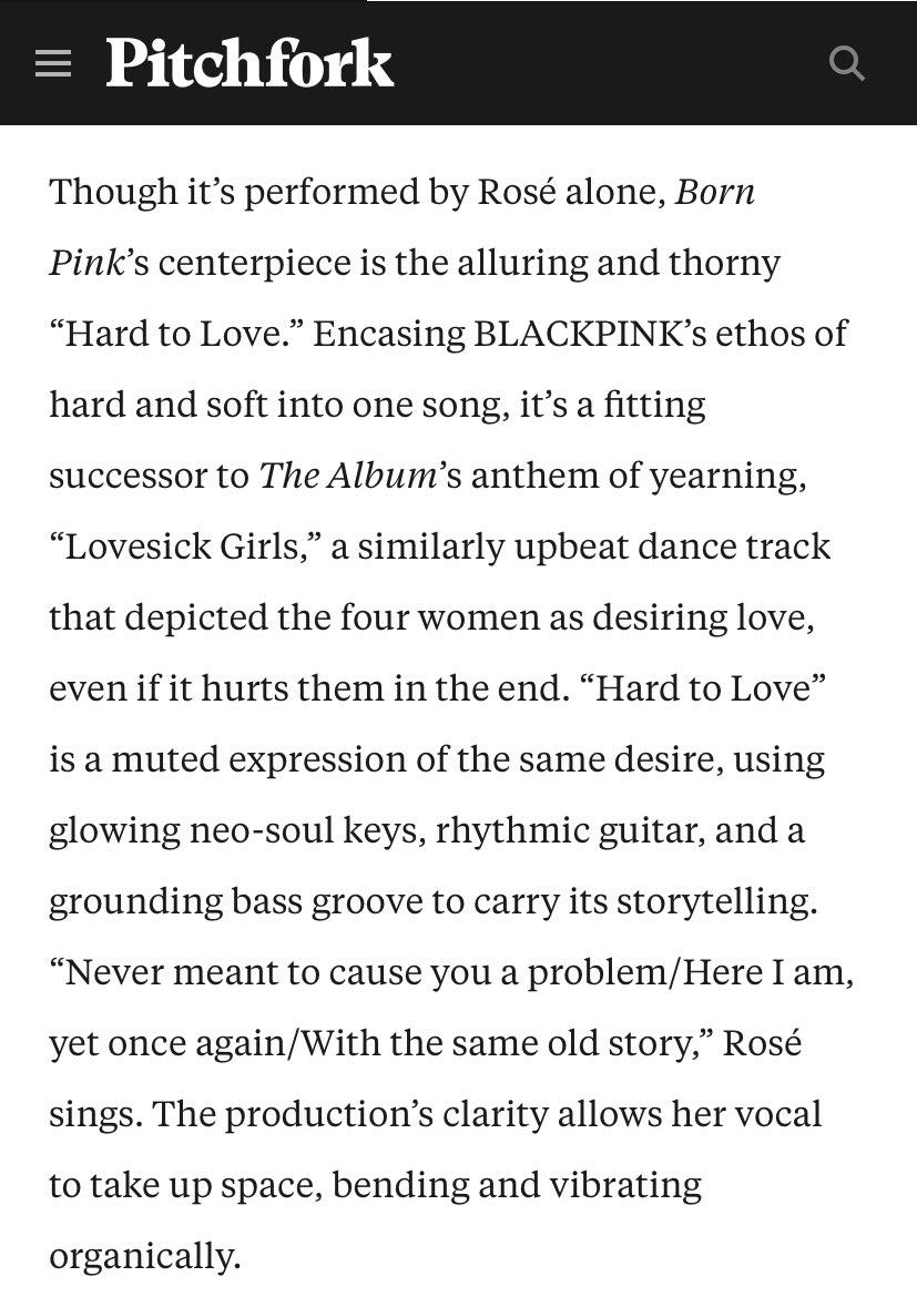 rosedailyupdate's tweet photo. “Though it’s performed by Rosé alone, Born Pink’s centerpiece is the alluring and thorny Hard to Love.”

—  Pitchfork, 2022 

https://t.co/SB1rhDr445

#BLACKPINK #HardToLove  is the only song they praise. ♡ https://t.co/c4CBdCTNr9