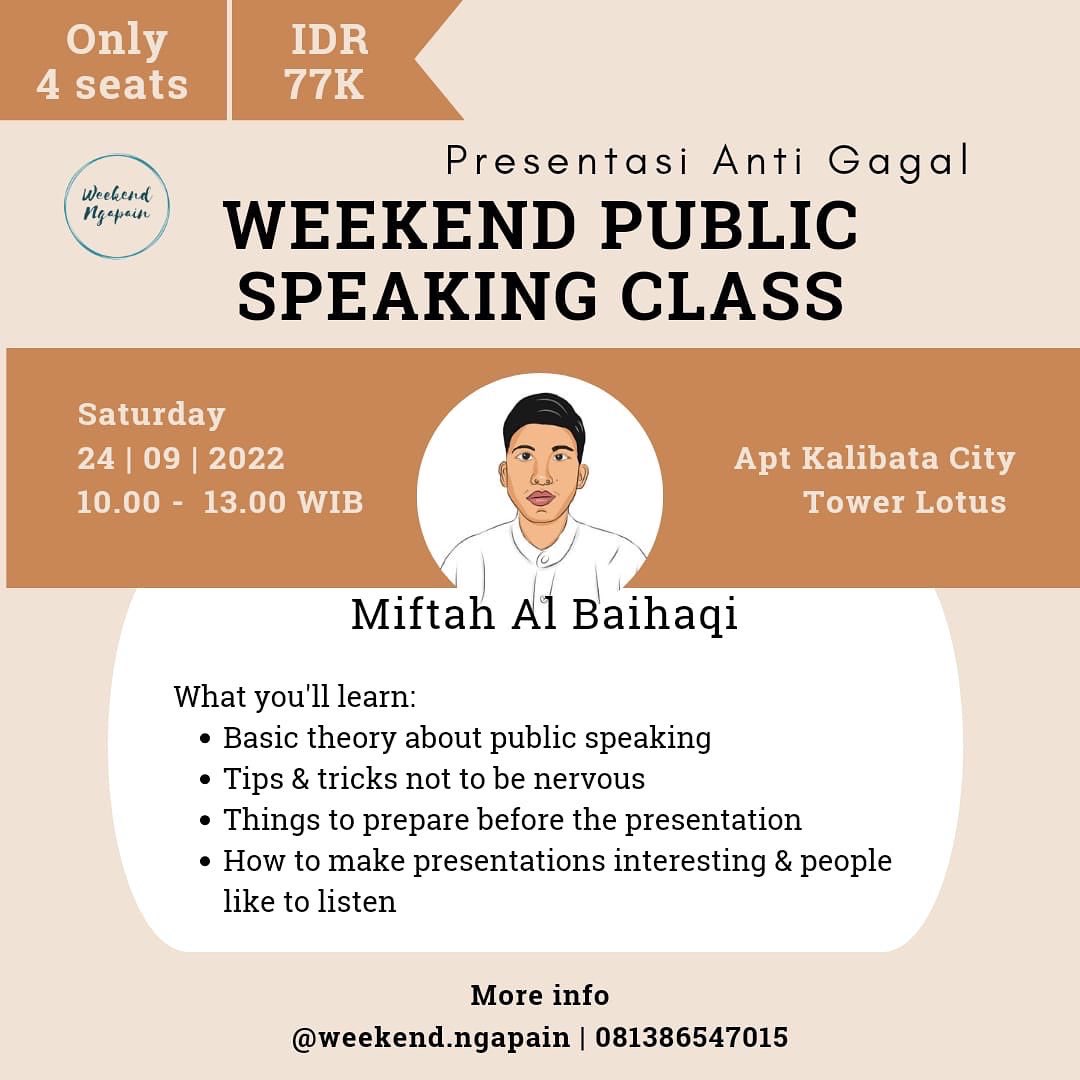 sobatmagang_id's tweet photo. Last Chance!!
Belajar public speaking cuma Rp 77 ribu. Biar kamu gak sad dpt penolakan mulu dari HRD π
#pelatihanOffline
#magangID
#WeekendNgapain
#publicSpeaking
#PejuangCV
#jobseeker https://t.co/M5wxP623h0