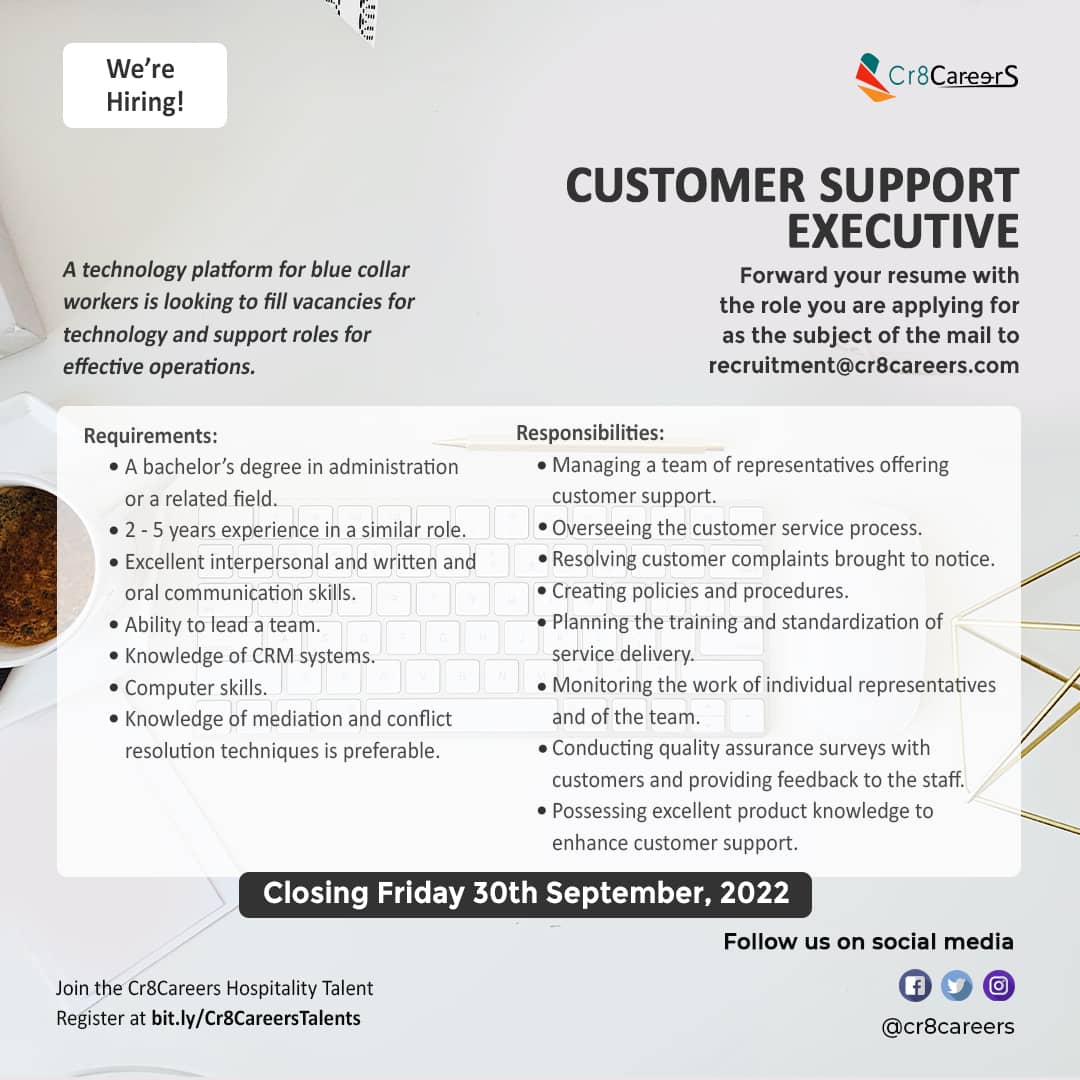 cr8careers's tweet photo. #WeAreHiring for a #technologyplatform in #Nigeria

We are looking to fill vacancies for technology and support roles.

Role - #CustomerSupportExecutive

Experience - 2-4 years working experience in similar role

Read more about this job vacancy in this thread ⤵️ https://t.co/XL0om9YJmD