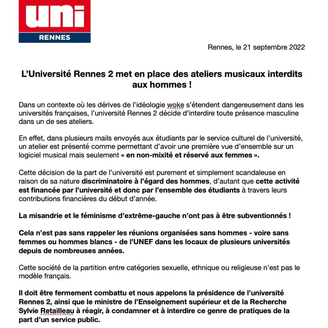 UNIRennes's tweet photo. ⚠️ Ateliers en "non mixité, réservés aux femmes" :c'est à dire interdits aux hommes sont proposés par l'administration de Rennes 2.
Nous dénonçons cette discrimination incompréhensible et purement idéologique de la part d'une université. https://t.co/WicXotkBnv