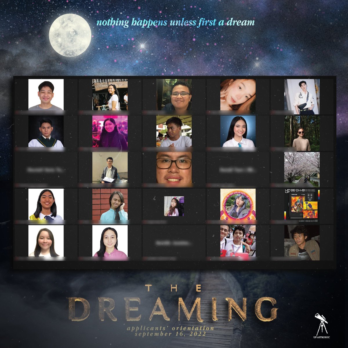 upastrosoc's tweet photo. Are we human because we gaze at the stars, or do we gaze at the stars because we are human? ✨🌟

We are thankful for the stargazers that took part in 𝑻𝒉𝒆 𝑫𝒓𝒆𝒂𝒎𝒊𝒏𝒈: 𝑼𝑷 𝑨𝒔𝒕𝒓𝒐𝒏𝒐𝒎𝒊𝒄𝒂𝒍 𝑺𝒐𝒄𝒊𝒆𝒕𝒚'𝒔 𝑨𝒑𝒑𝒍𝒊𝒄𝒂𝒏𝒕𝒔' 𝑶𝒓𝒊𝒆𝒏𝒕𝒂𝒕𝒊𝒐𝒏. ✨ https://t.co/uSIJ9dpl3J