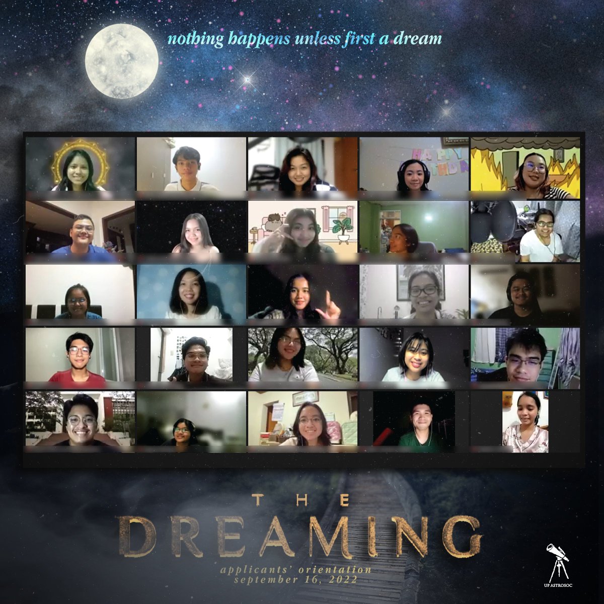 upastrosoc's tweet photo. Are we human because we gaze at the stars, or do we gaze at the stars because we are human? ✨🌟

We are thankful for the stargazers that took part in 𝑻𝒉𝒆 𝑫𝒓𝒆𝒂𝒎𝒊𝒏𝒈: 𝑼𝑷 𝑨𝒔𝒕𝒓𝒐𝒏𝒐𝒎𝒊𝒄𝒂𝒍 𝑺𝒐𝒄𝒊𝒆𝒕𝒚'𝒔 𝑨𝒑𝒑𝒍𝒊𝒄𝒂𝒏𝒕𝒔' 𝑶𝒓𝒊𝒆𝒏𝒕𝒂𝒕𝒊𝒐𝒏. ✨ https://t.co/uSIJ9dpl3J