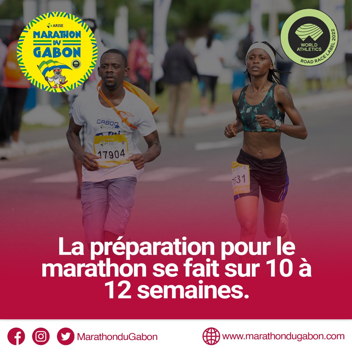[Conseils]-💡 Pour réussir la préparation d'un marathon, il vous faut 3 à 4 séances d'entraînements hebdomadaires.🏃‍♂️
🔴Enfin, ceux qui sont les plus patients sont ceux qui ont le meilleur résultat en bout de ligne.💯🏆🥇🏁
#MDG8 #Marathon_du_Gabon_Arise #WeRunGabon #Gabon