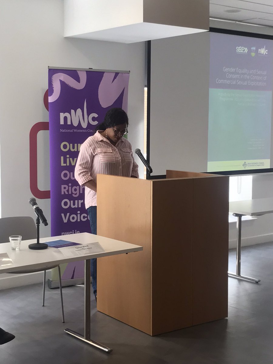 NWCI's tweet photo. Closing out today’s event, NWC Vice Chair Dr Jennifer Okeke Campbell addresses the root causes of prostitution for migrant women.
The vast majority of women in the sex trade in Ireland are migrants. @immigrationIRL #beyondexploitation https://t.co/p5CNOP1avM