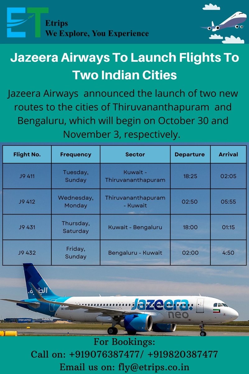 Etrips_co_in's tweet photo. Jazeera Airways To Launch Flights To Two Indian Cities.
Jazeera Airways announced the launch of two new routes to the cities of Thiruvananthapuram and Bengaluru, which will begin on October 30 and November 3, respectively.
@JazeeraAirways #flights #etrips #booknow https://t.co/XBtj8mnH8p