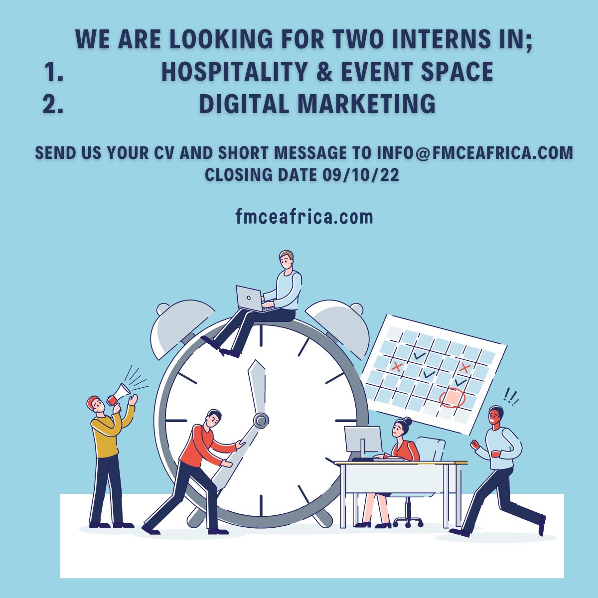 We are looking for fresh and bright minds to join us grow @FMCE AFRICA. Are you energetic and looking for an opportunity to grow professionally?  We are looking forward to hearing from you, get in touch. We have only two places available.