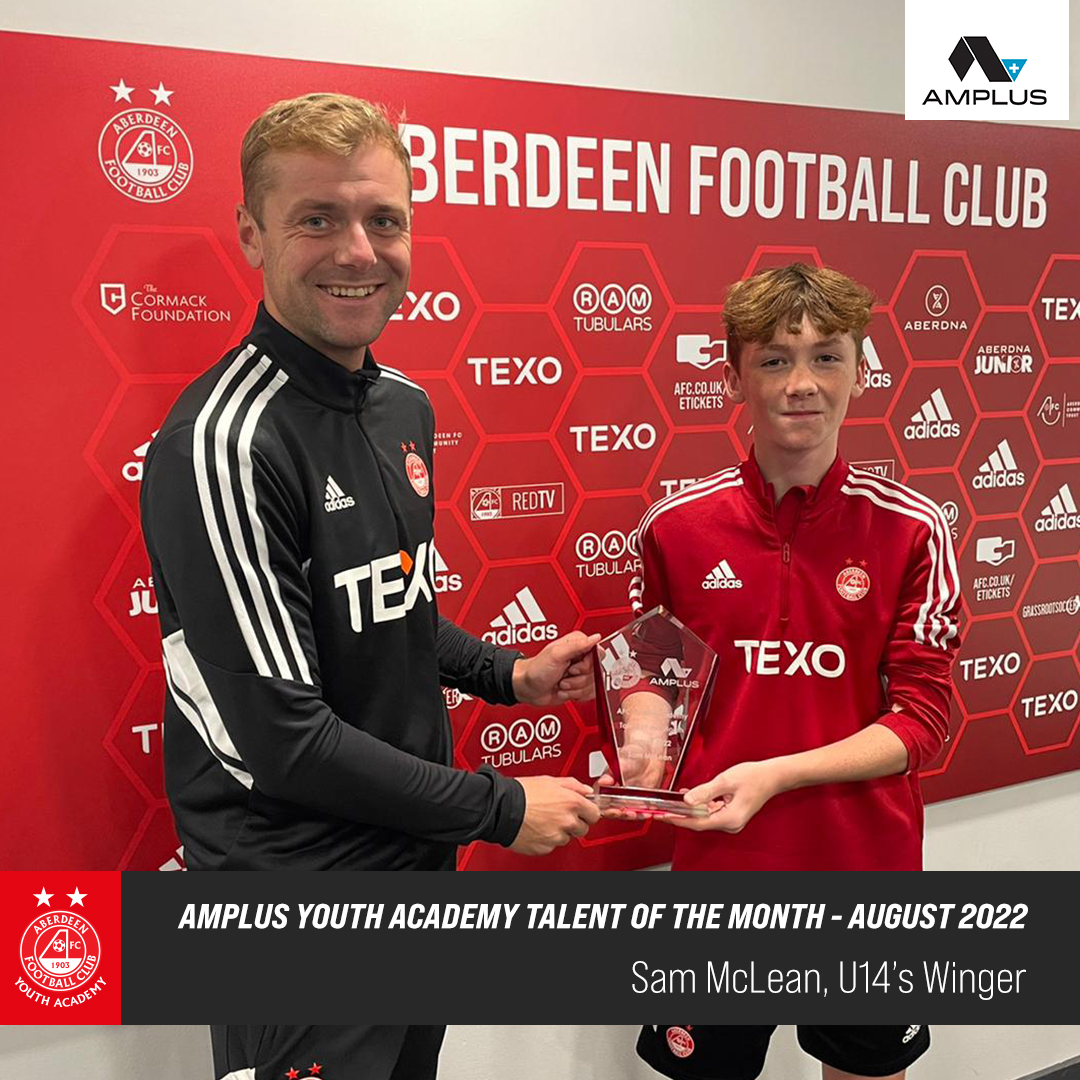 AberdeenFC's tweet photo. 👏🏽 Congratulations to Finn McCulloch &amp; Sam McLean who have won our Amplus Talent of the Month Awards for August.

🔴 Thank you to Amplus Energy for their continued support of @AberdeenFCYouth. https://t.co/XpguXN8NuQ