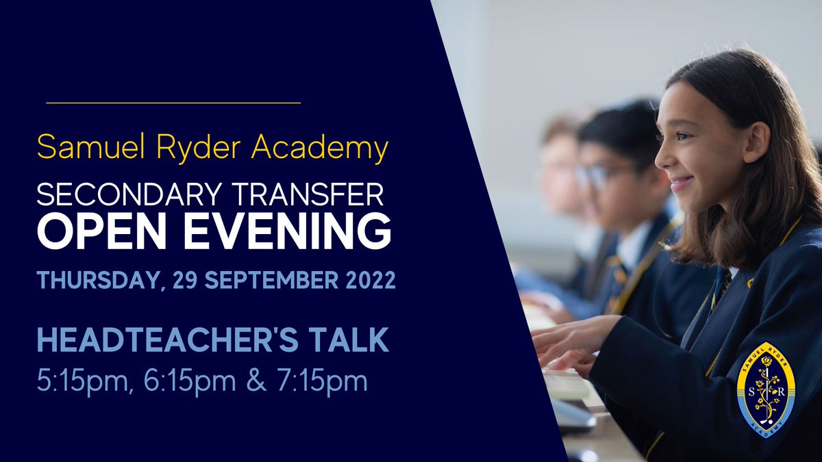 We are excited to welcome Year 6 students and their families to this year’s Open Evening, our students cannot wait to show you their school.

To register for tickets, visit our website samuelryderacademy.co.uk/2169/secondary…