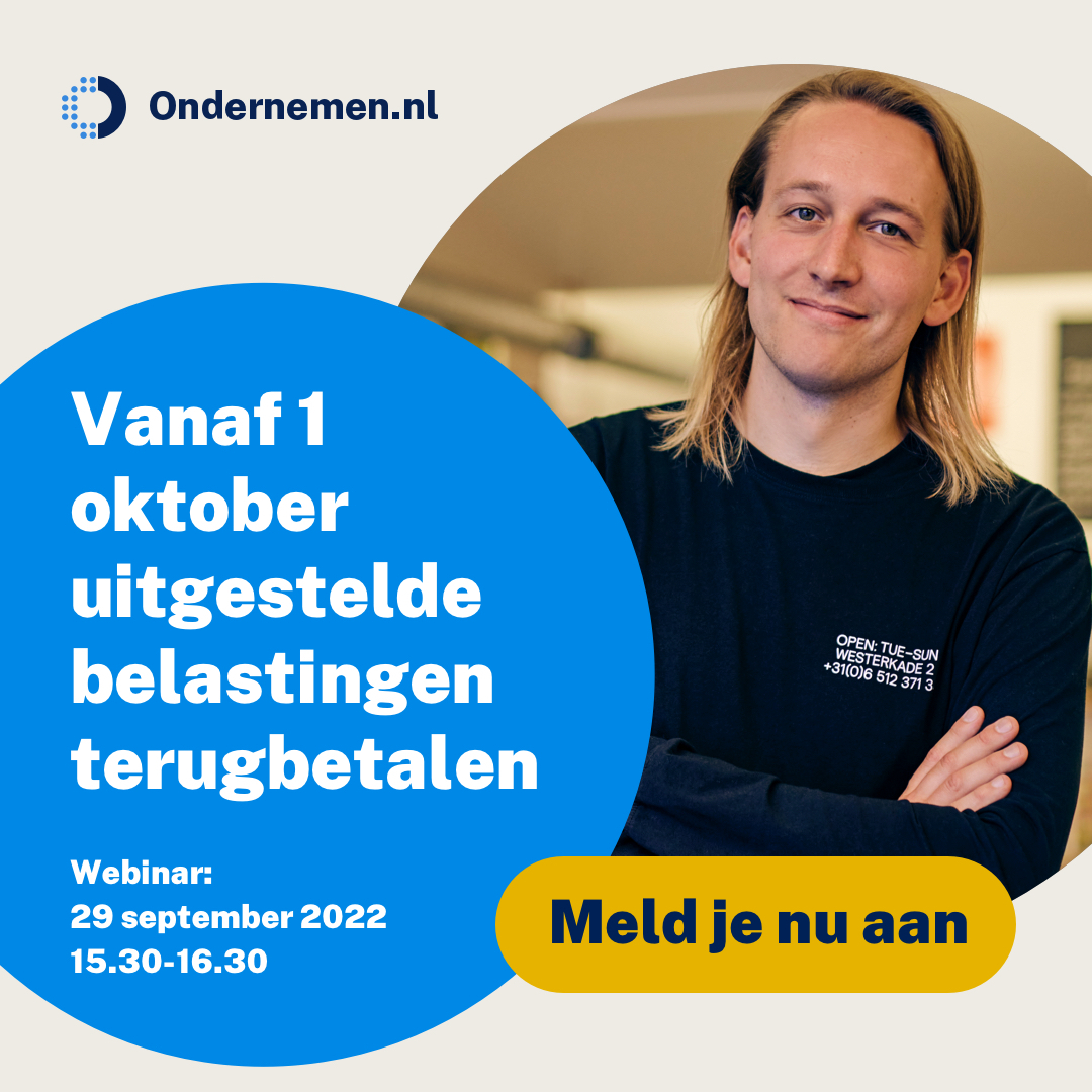 Ben jij een ondernemer die vanaf 1 oktober 2022 uitgestelde belastingen moet gaan terugbetalen? Op 29 september vanaf 15.30 organiseren VNO-NCW en MKB-Nederland het webinar 'terugbetalen van uitgestelde belastingen'. Klik op de link om je aan te melden: mkb.nl/agenda/webinar….