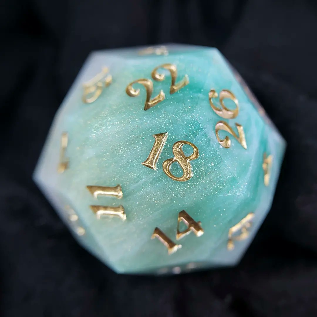 242_dice's tweet photo. PRICKLY PEAR - Tealy-greens, delicate pinks, pearl white and golden shimmer play together in this handmade sharp edge d30.
This piece is available on my website right now!
#242dice #handmadedice #dice #d30 #dcc #dccdice #rpgdice https://t.co/z6QelOyy8s