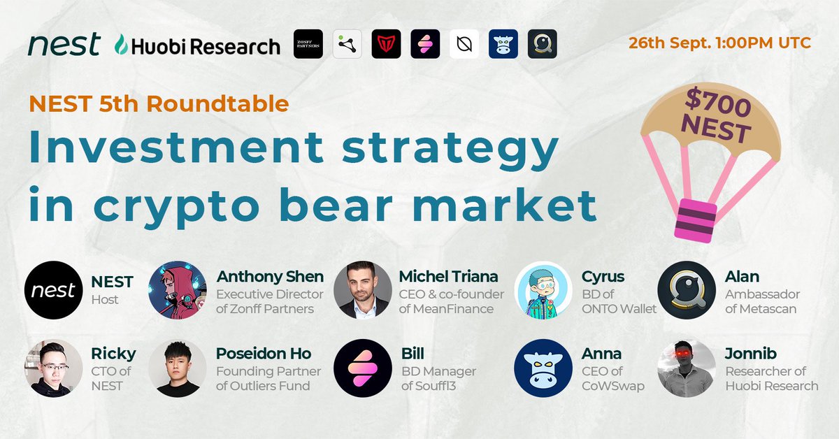 NEST Protocol (@nest_protocol) on Twitter photo 📣 NEST Roundtable 5:Investment strategy in crypto bear market
⏰ 1PM UTC, 26th Sept.
📍 <a href="/NEST_Protocol/">NEST Protocol</a> #SpacesHost #bearmarket
Guests:
<a href="/ZonffPartners/">Zonff Partners</a> <a href="/OutliersFund/">Outliers Fund</a> <a href="/meanfinance/">Mean Finance</a> <a href="/nft_souffl3/">Souffl3 🫐</a> <a href="/ONTOWallet/">ONTO Wallet - Web3 Gateway</a> <a href="/CoWSwap/">CoW DAO</a> <a href="/MetascanPro/">MetaScan</a>
<a href="/Huobi_Research/">Huobi Research</a>
Twitter space
Reward: $700 $NEST 📣 NEST Roundtable 5:Investment strategy in crypto bear market
⏰ 1PM UTC, 26th Sept.
📍 <a href="/NEST_Protocol/">NEST Protocol</a> #SpacesHost #bearmarket
Guests:
<a href="/ZonffPartners/">Zonff Partners</a> <a href="/OutliersFund/">Outliers Fund</a> <a href="/meanfinance/">Mean Finance</a> <a href="/nft_souffl3/">Souffl3 🫐</a> <a href="/ONTOWallet/">ONTO Wallet - Web3 Gateway</a> <a href="/CoWSwap/">CoW DAO</a> <a href="/MetascanPro/">MetaScan</a>
<a href="/Huobi_Research/">Huobi Research</a>
Twitter space
Reward: $700 $NEST