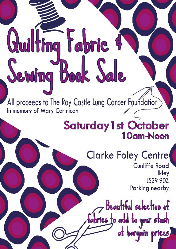 On Saturday 1st October we're hosting a Quilting Fabric &amp; Sewing Book Sale 🪡

A beautiful selection of fabrics to add to your stash at bargain prices!

All proceeds to The Roy Castle Lung Cancer Foundation, in memory of Mary Cormican.