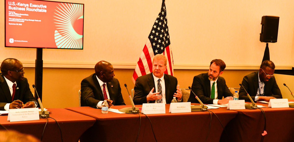 HusseinMohamedg's tweet photo. President William Ruto during a high-level business roundtable with the US Chamber of Commerce on trade &amp; investment relationships. @WilliamsRuto seeks to establish strategic partnerships with the U.S business community in enhancing Kenya’s economic &amp; social transformation. https://t.co/SoGjWwCriL