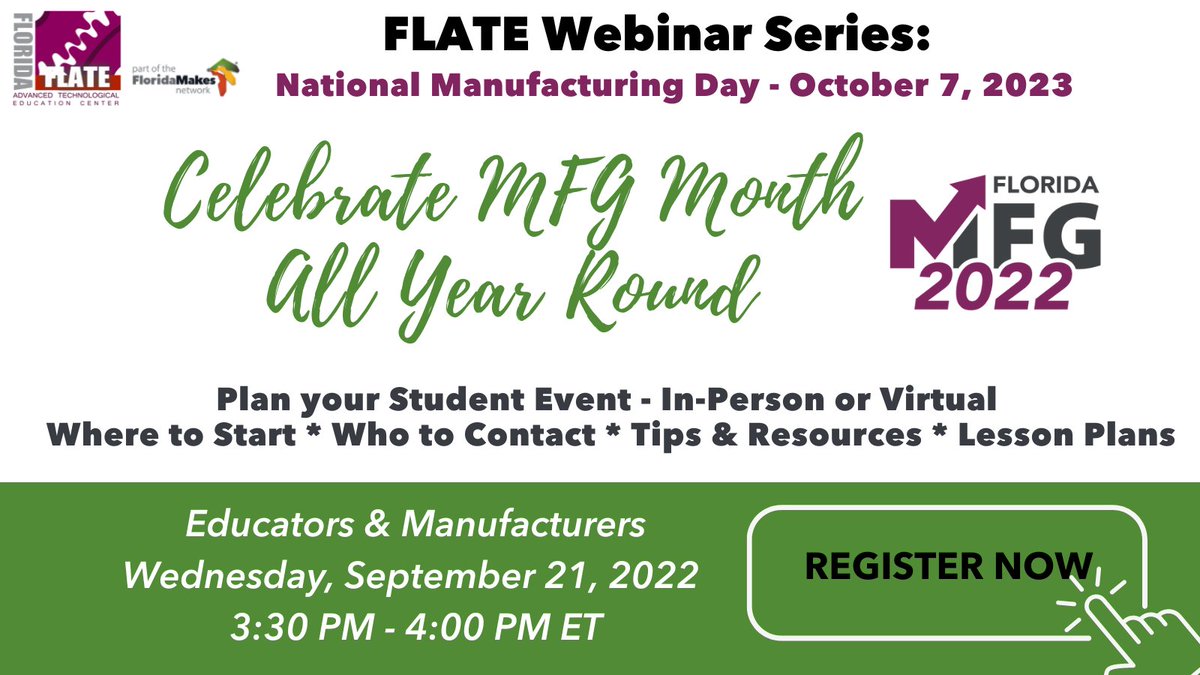 Made_InFlorida's tweet photo. Want to plan a student event to expose students to manufacturing careers?  Join us this afternoon at 3:30PM ET for everything you need to know.  Register here: https://t.co/h82LqgJrKi https://t.co/JIkhlWcqdv