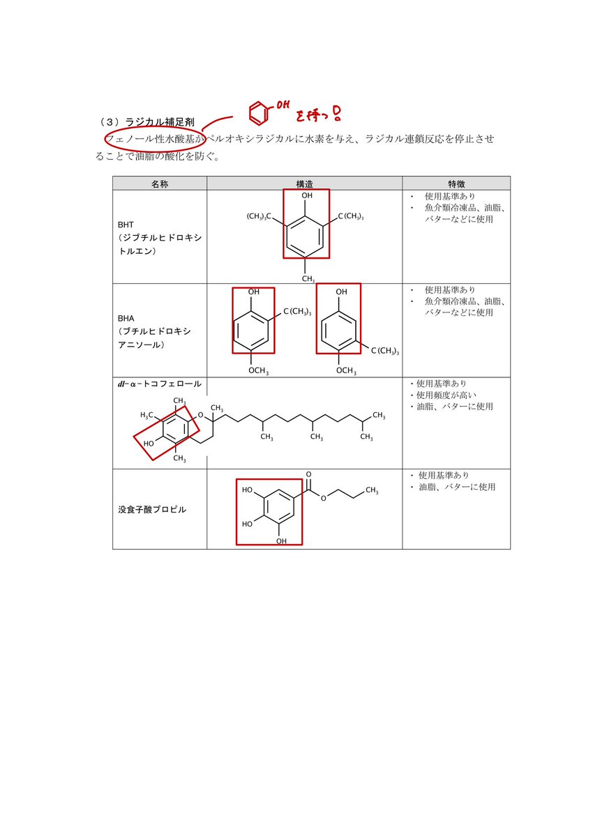 食品添加物の構造まとめ②です! 酸化防止剤の還元剤、キレート剤、ラジカル補足剤です!