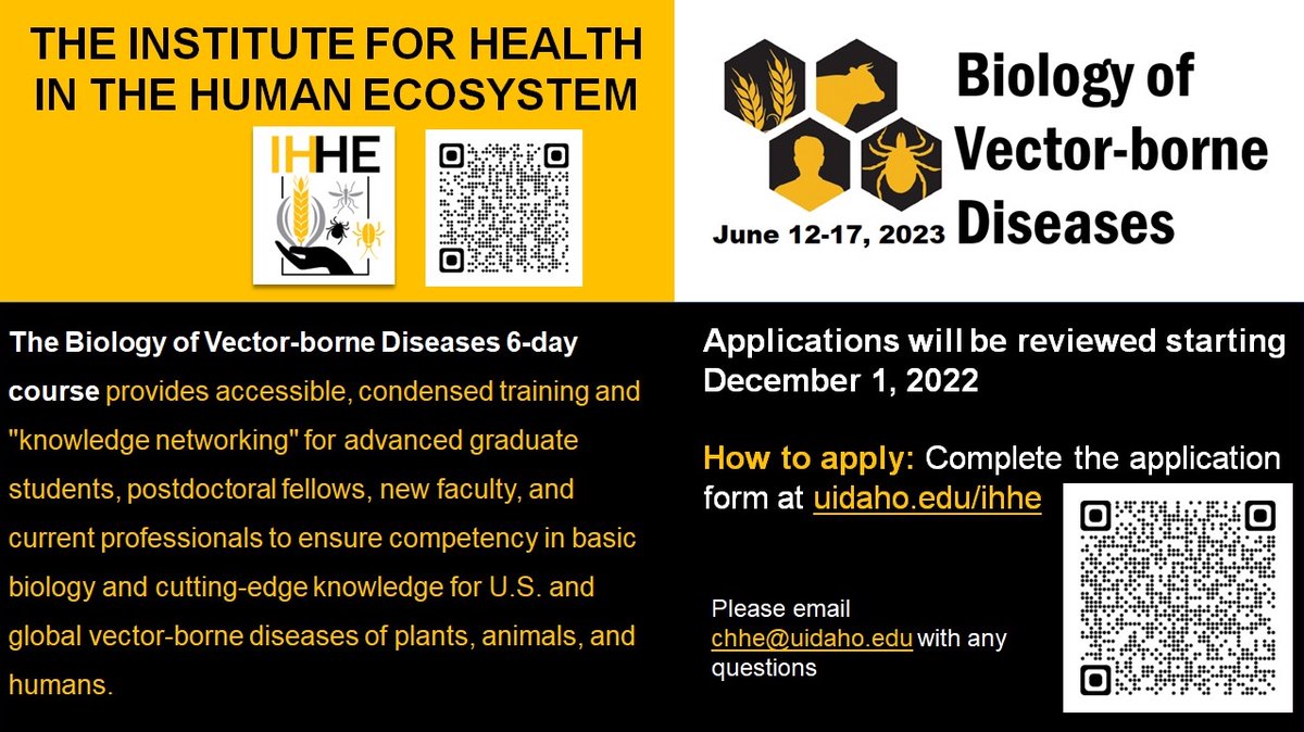 Apply now: Biology of Vector-borne Disease six-day training course June 12-17, 2023, UI campus in Moscow, Idaho.
#course #malaria #vector-borne #disease
malariaworld.org/events/biology…