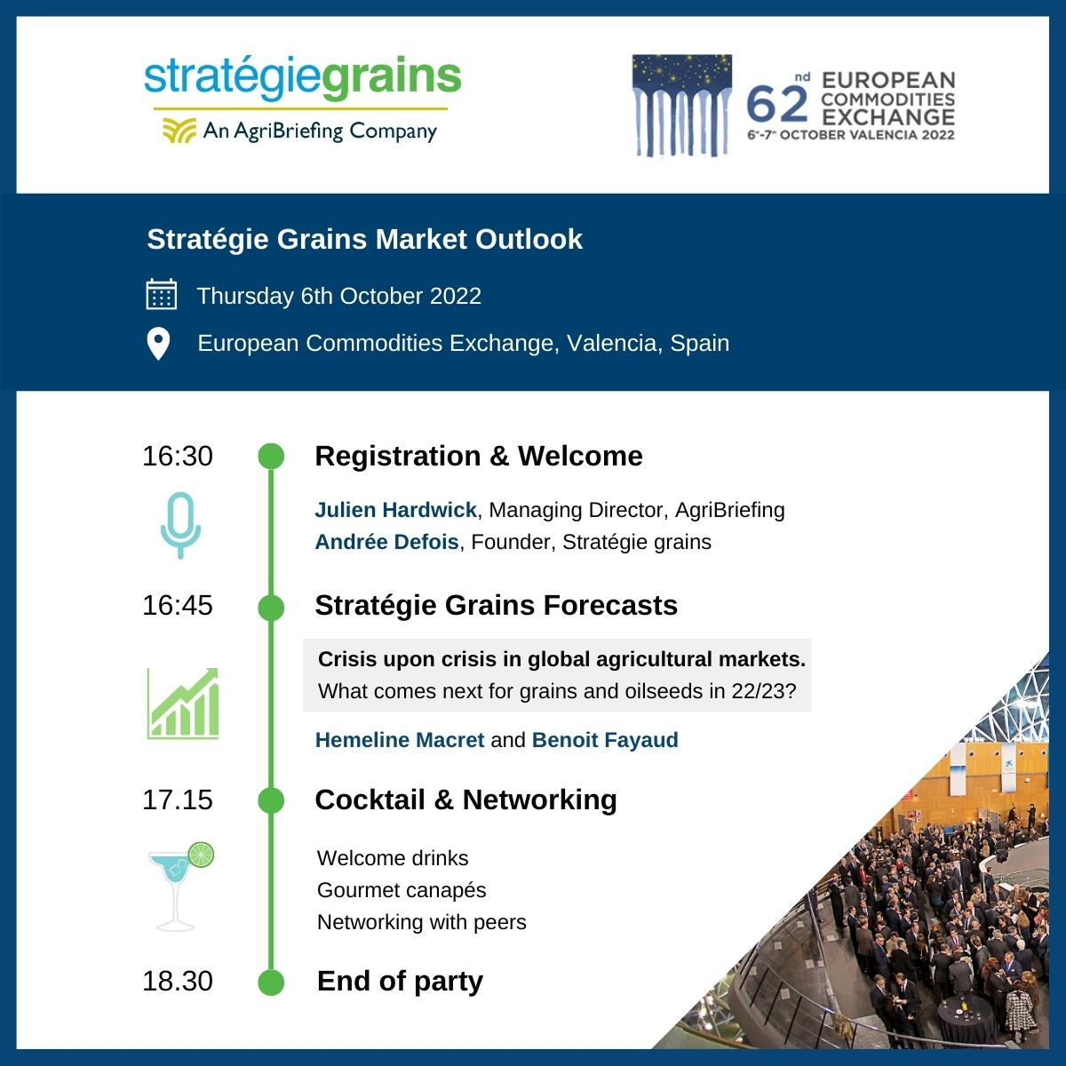 Crisis upon crisis, how will global agricultural markets react? 

Join the Strategie Grains Team at the European Commodities Exchange in Valencia for a free market update and networking cocktail. 🍸

ow.ly/i8vH50KOPc5