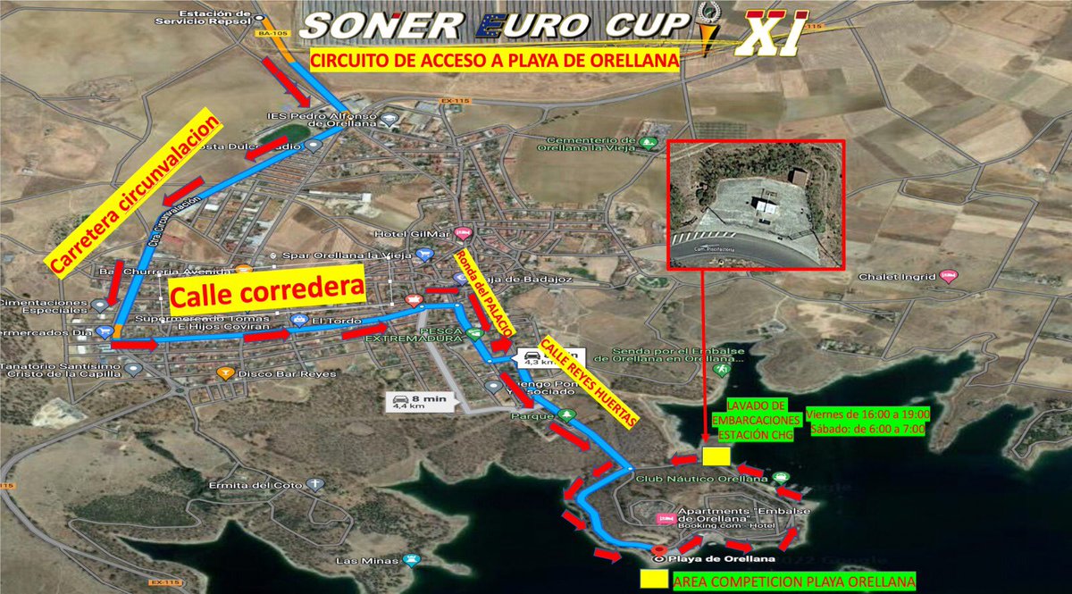 #SonerEuroCup Siendo un conjunto muy grande de coche con embarcación 🚙🚤 para circular por las calles de Orellana La Vieja, adjuntamos el itinerario más conveniente a seguir por los participantes con las embarcaciones para acceder a la playa de orellana: